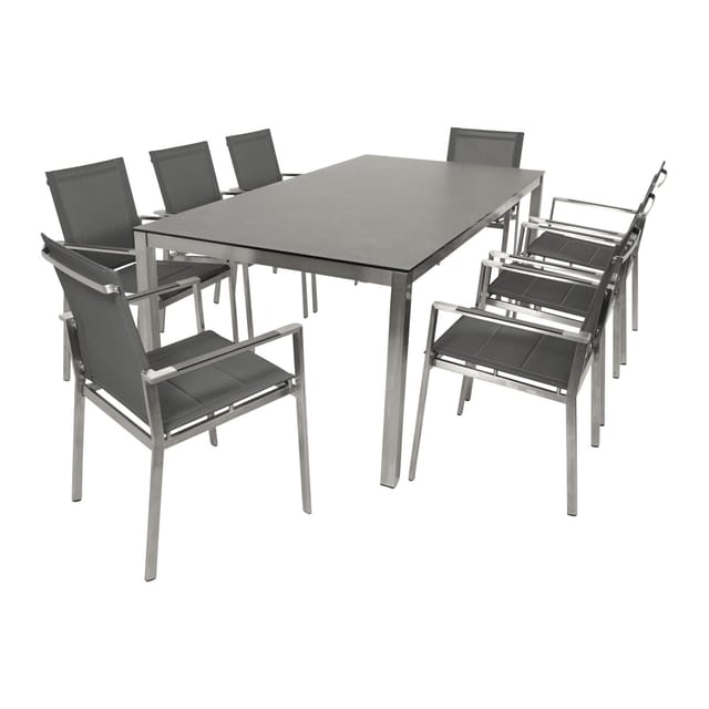 Sydney: Garnitur 9-teilig (8x Stapelsessel Mit Armlehnen, 1x Gartentisch 100x200cm Rechteckig), Gestell Edelstahl Poliert, Bezug Kunstgewebe Grau Mit Polsterung, Tischplatte Glas In Keramikoptik Grau