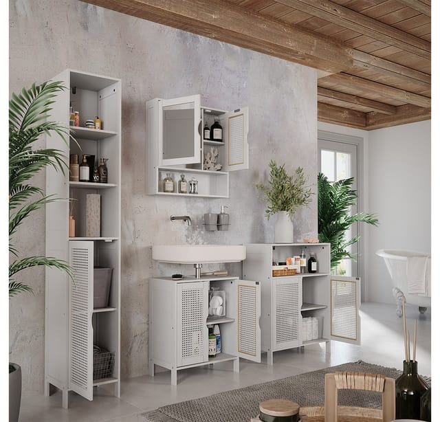 Vicco Waschbeckenunterschrank Liora, Weiß/Rattan/Creme, 48 x 60 cm mit 2 Türen