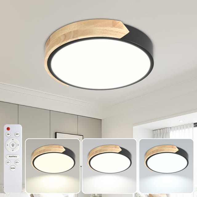 Randaco Led Deckenleuchte Holz Dimmbar 48w 30cm Deckenlampe Wohnzimmer Schwarz Mit Fernbedienung 3000-6000k