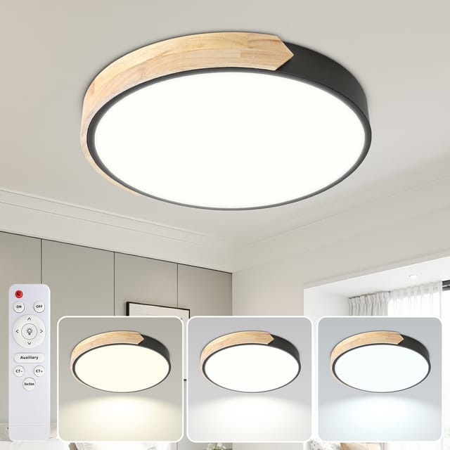 Randaco Led Deckenleuchte Holz Dimmbar 60w 40cm Deckenlampe Wohnzimmer Schwarz Mit Fernbedienung 3000-6000k