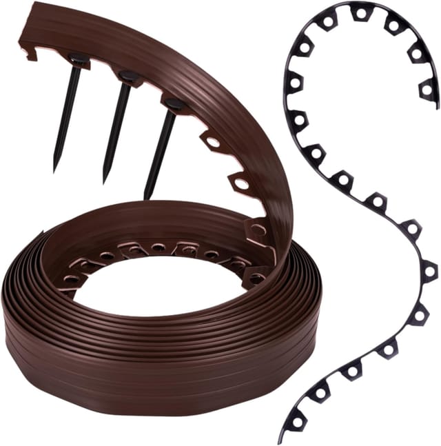 Flexible Rasenkante Aus Kunststoff - Wetterfest - Abgerundet - Beeteinfassung - Braun - 10 M - Spikes - Höhe: 5 Cm - Für Garten Und Mähroboter Geeignet