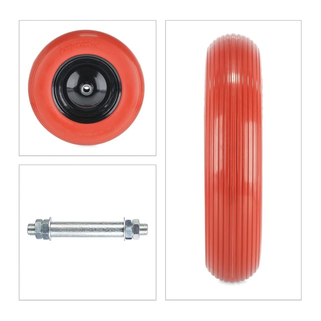 Relaxdays Schubkarrenrad 4.80 4.00-8, Vollgummirreifen Mit Achse, Pannensicheres Ersatzrad Mit Stahlfelge, Rot/schwarz