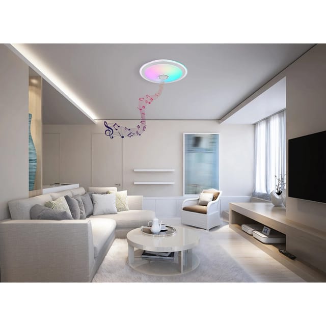 Deckenleuchte Deckenlampe Schlafzimmerleuchte, Lautsprecher Fernbedienung Dimmbar Regenbogeneffekt Sternenhimmel Cct App Steuerung, Chrom, 1x Led 24w 1500lm 2700-6500k, Dxh 43x10,5cm