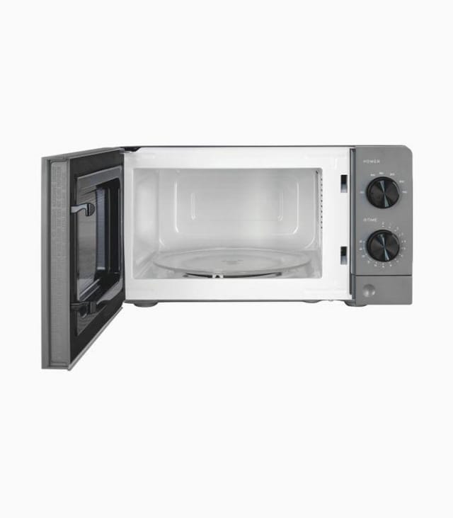 EXQUISIT MW950-70 grau Mikrowelle (20 Liter, 700 Watt max. Mikrowellenleistung, lackierter Garraum, 6 Leistungsstufen inkl. Auftaufunktion, Drehteller 24,5 cm Ø, mechanische Zeitschaltuhr, Innenbeleuchtung, Grau/Schwarz)