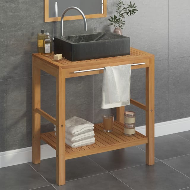 Waschtisch Massivholz Teak Mit Waschbecken Marmor Schwarz