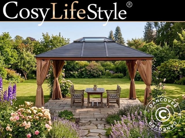 Pavillon Santa Clarita Mit Vorhängen, 3,6x4,6m, Holzoptik - Dancover