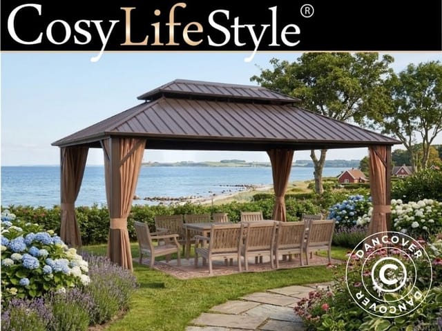 Pavillon Santa Fe Steel+ Mit Vorhängen Und Moskitonetz, 3,65x4,85m, Braun - Dancover