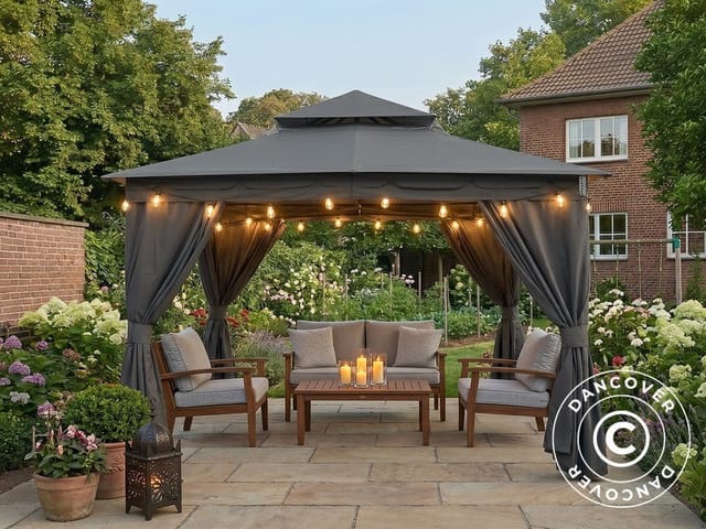 Pavillon Horus Mit Vorhängen, 3x3,7m, Grau - Dancover