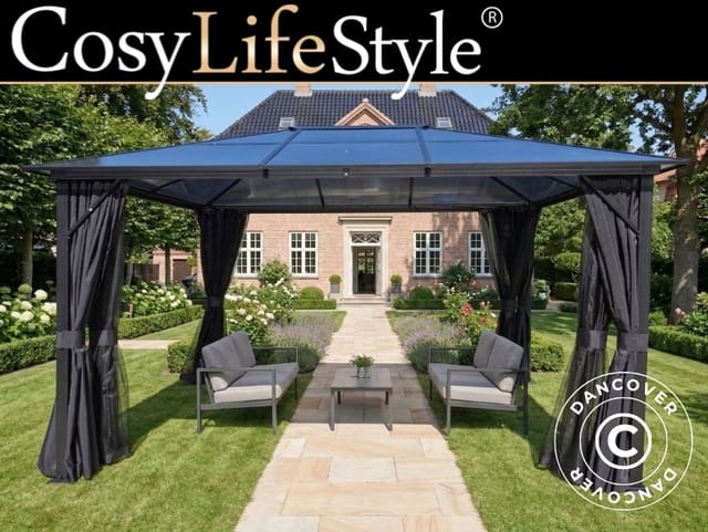 Pavillon Santa Barbara Steel+ Mit Vorhängen Und Moskitonetz, 3x4m, Schwarz - Dancover