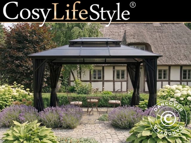 Pavillon Santa Ana Steel+ Mit Vorhängen Und Moskitonetz, 3x4m, Schwarz - Dancover