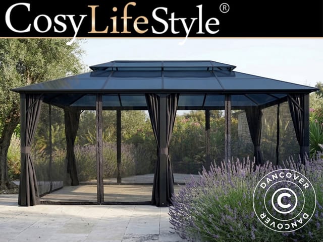 Pavillon Santa Ana Steel+ Mit Vorhängen Und Moskitonetz, 3,65x6m, Schwarz - Dancover