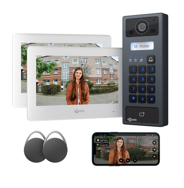 Goliath Basic 2-draht Bus Türsprechanlage Fullhd App 2x 7" Monitor Rfid & Keypad Aufputz