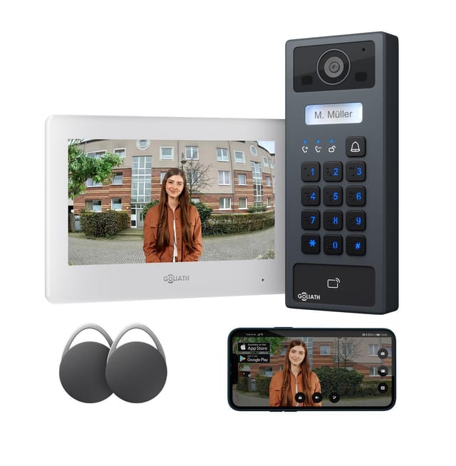Goliath Basic 2-draht Bus Türsprechanlage Fullhd App 7" Weiß Rfid & Keypad 1-fam Aufputz