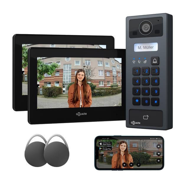 Goliath Basic 2-draht Bus Türsprechanlage Fullhd 2x 7" Schwarz Rfid & Keypad 1-fam Aufputz