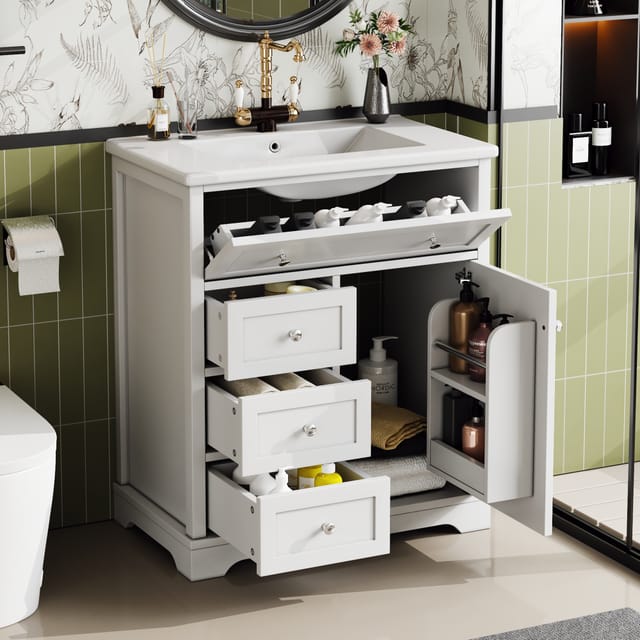 76x46x87cm Badezimmer-standschrank Mit Waschbecken, Unterschrank, Feuchtigkeitsbeständiger Lackierung, Geräuscharmer Schubladenführung, Türrahmen, Klappschublade, Keramikwaschbecken, Keramikwasch,weiß