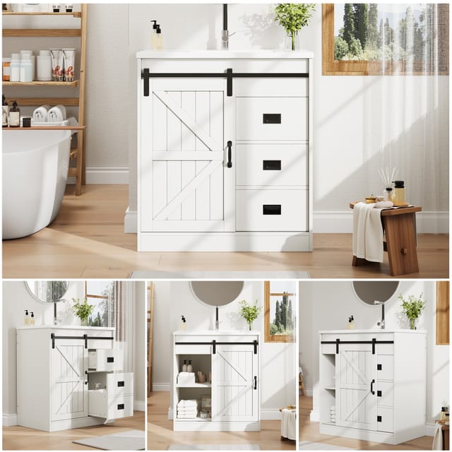 Badezimmerschrank Weiß Mit Scheunentor-design, Waschtischunterschrank Mit Keramikwaschbecken, Badschrank Mit Schubladen & Schrank, Moderner Badmöbel Für Badezimmer