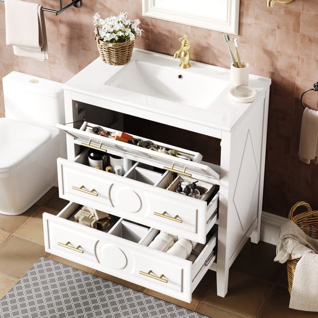 Weiß Badezimmerunterschrank 81x46,5cm Mit Keramikbecken, 3 Schubladen Retro Waschtischunterschrank Mit Soft-close-funktion, Freistehendes Badezimmer Möbel Set Mit Metallgriffen