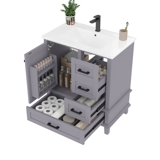Badunterschrank Mit 1 Tür Und 3 Schubladen, Keramikwaschbecken, Freistehend, Für Badezimmer, Grau, 76×46×83.5 Cm