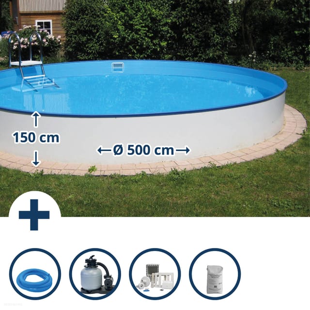 Stahlwandpool Set Rund Balearen 500x150 Cm, Stahl 0,8 Mm Weiß, Folie 0,6 Mm Blau, Einhängebiese