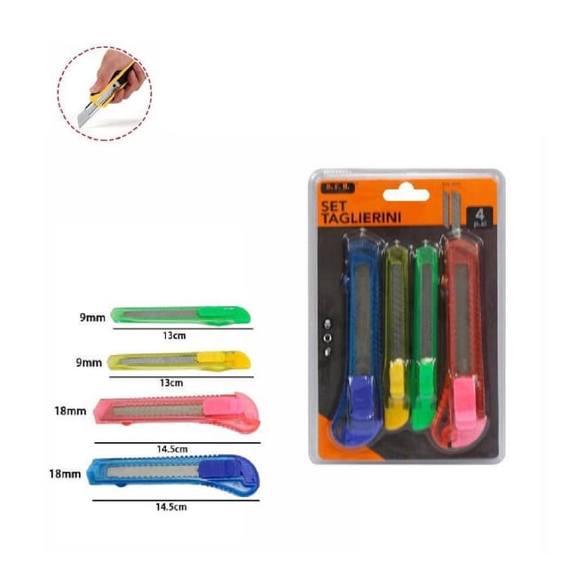 Trade Shop Traesio - Trade Shop - Set 4 Pz Taglierino Cutter Colorati Con Blocco Di Sicurezza Lame Da 9-18mm 71080 -