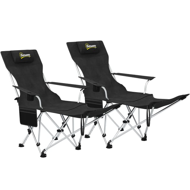 Set Aus 2 Klappbaren Camping-/angelstühlen Mit Abnehmbarer Fußstütze Und Getränkehalter, Maximale Belastbarkeit 120 Kg, Schwarz