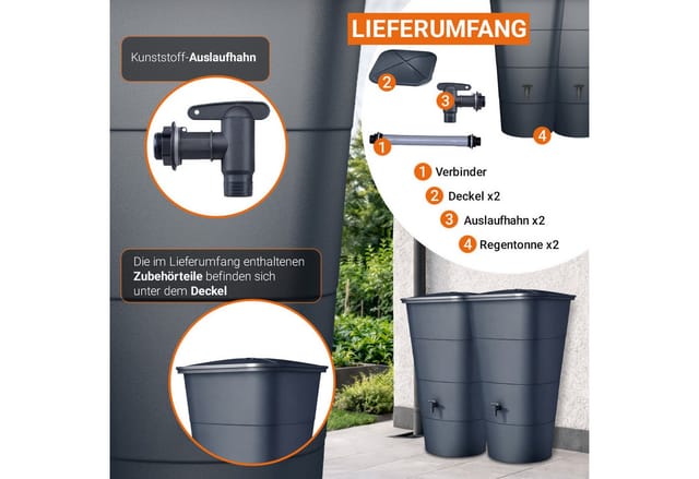 Garantia Ibiza Regentonnen-set Eckig 400 Liter Graphite Grey, 2 X Ibiza 200 Liter Inkl. Verbinder