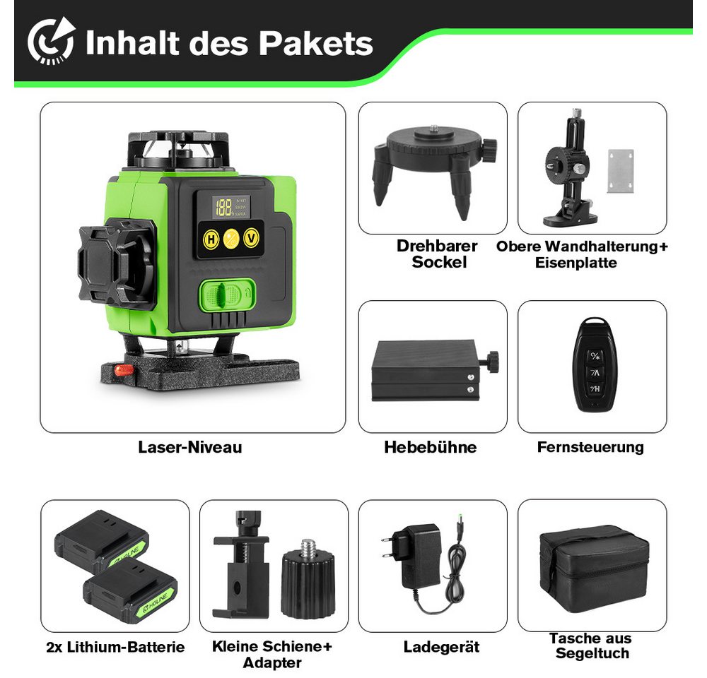 HGLINE Kreuzlinienlaser 16 Linien Laser Level 3° Selbstnivellierend mit 2x Batterie, Laserwasserwaage für Innenbau, Fliesen & Holz Bild 3