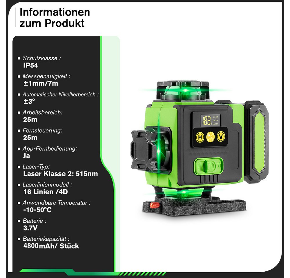 HGLINE Kreuzlinienlaser 16 Linien Laser Level 3° Selbstnivellierend mit 2x Batterie, Laserwasserwaage für Innenbau, Fliesen & Holz Bild 4