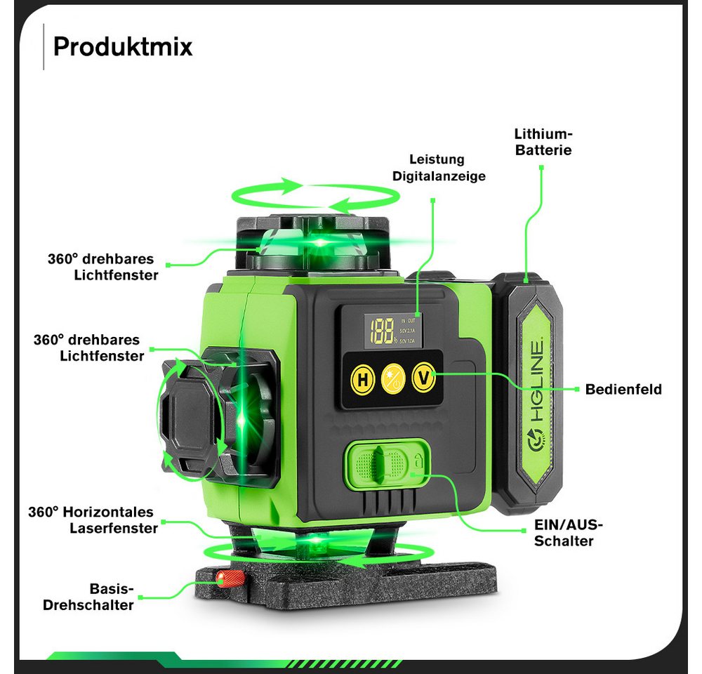 HGLINE Kreuzlinienlaser 16 Linien Laser Level 3° Selbstnivellierend mit 2x Batterie, Laserwasserwaage für Innenbau, Fliesen & Holz Bild 5