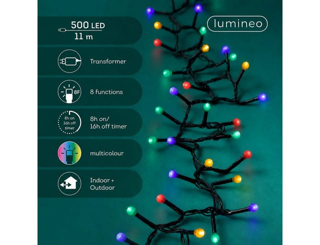Lumineo LED-Lichterkette Lumineo Lichterkette CHERRY Compact Twinkle 500 LED 11 m Bunt, Indoor/Outdoor, 8 Funktionen, 8h-Timer, + 5 Meter