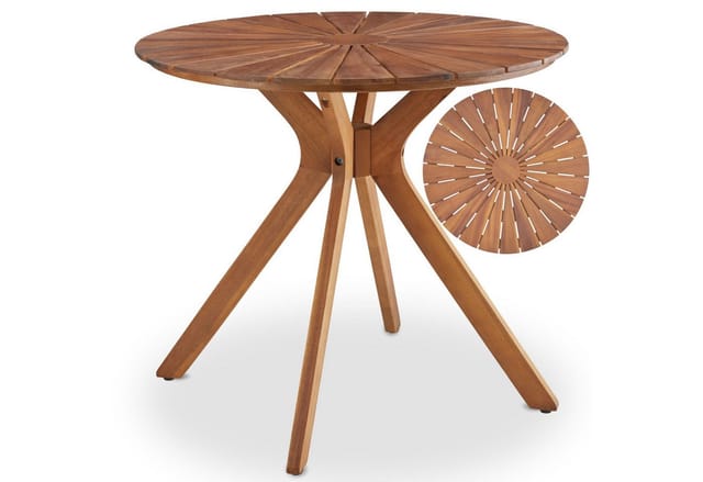 tectake Gartentisch runder outdoor Esstisch aus massivem Akazienholz, 70 x 70 x 62 cm (Terrassentisch Pollensa, 1-St., in braun), Tischplatte mit Sonnenmuster, höhenverstellbare Füße, wetterfest