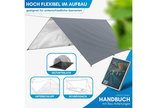 Nordmut Tarp-Zelt Zeltplane wasserdicht ultraleicht, Regendach Sonnensegel Camping, Personen: 2 (Set, 1 tlg., Tarp, 6 Alu-Heringe, 6 Abspannseile, Transporttasche), 210D Ripstop-Polyester, PU 3000, reißfest, Trekking, Bikepacking