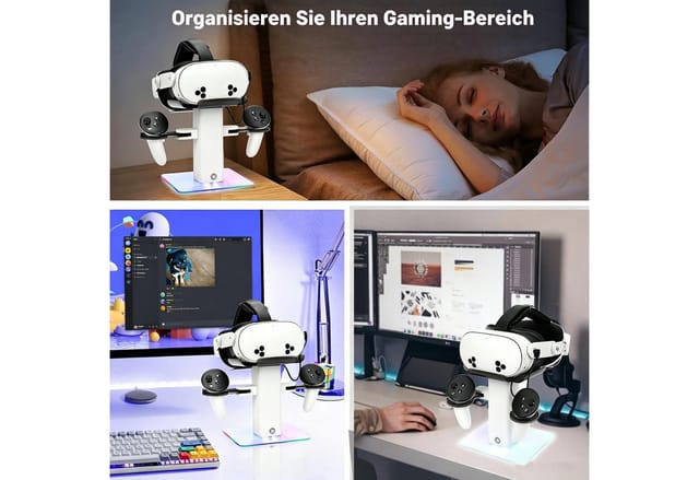 Toomoke Vertikaler RGB-Ladeständer, kompatibel mit Quest 3S/Quest 3 Zubehör Virtual-Reality-Headset (LED-Licht unten und Rutschfester Matte)