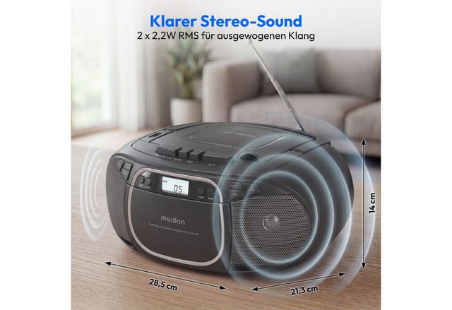 Medion® Kassetten Player (An/Aus Anzeige, Audiokassetten, AUX-Eingang, Batteriebetrieben, CD-Player, CD-R-Wiedergabe, CD-RW-Wiedergabe, FM-Radio, Digitalanzeige, Kassettenwiedergabe, USB, Tragbar, Stereo, Radio, MP3 CD-Wiedergabe, On/Off Switch, MW/UKW Radio, Netzbetrieben, Lautstärkeregelung, 2x 20W max., LC-Display, 30 Senderspeichern, USB)