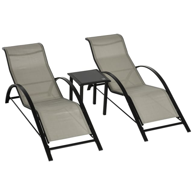 Set Aus 2 Modernen Sonnenliegen Mit Beistelltisch, Tischplatte Aus Gehärtetem Glas, Epoxidbeschichtetem Metall, Grauem Textilene