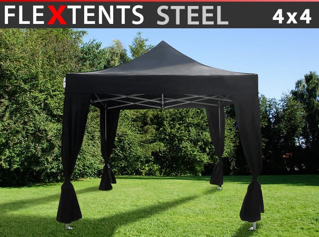 Faltzelt Flextents Steel 4x4m Schwarz, Mit 4 Gardinen