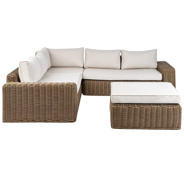 Gartenlounge Set Braun Aus Polyrattan Mit Auflagen Cremeweiß Modular 6-sitzer Für 6 Personen Mit Hocker Geflochtenes Design Modern Terrasse