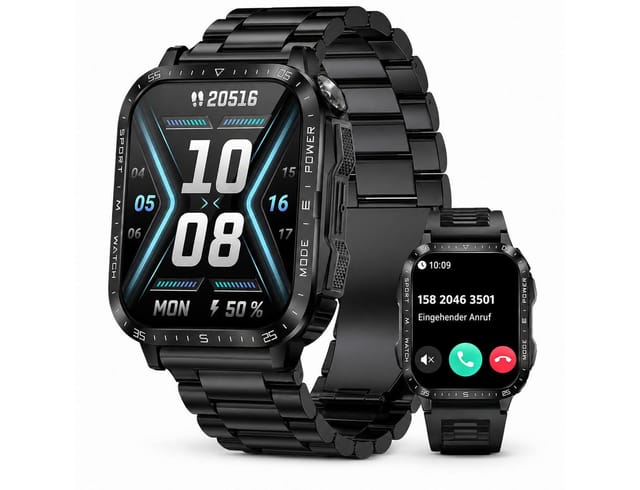 Toomoke Militär Smartwatch Herren mit LED-Taschenlampe, Smartwatch (4.98 cm/1,96 Zoll) 3ATM Wasserdicht zum Schwimmen, Bluetooth Telefonie, Smartwatch inklusive Edelstahlarmband und Silikonarmband, 1,96 Zoll HD Display, 430mAh Akku, Fitness Tracker für Android iOS