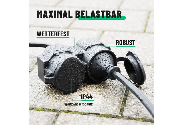 greate. 2fach Verlängerungskabel 10m - wasserdicht, Mehrfachsteckdose, 3500 W Verlängerungskabel, (1000 cm)
