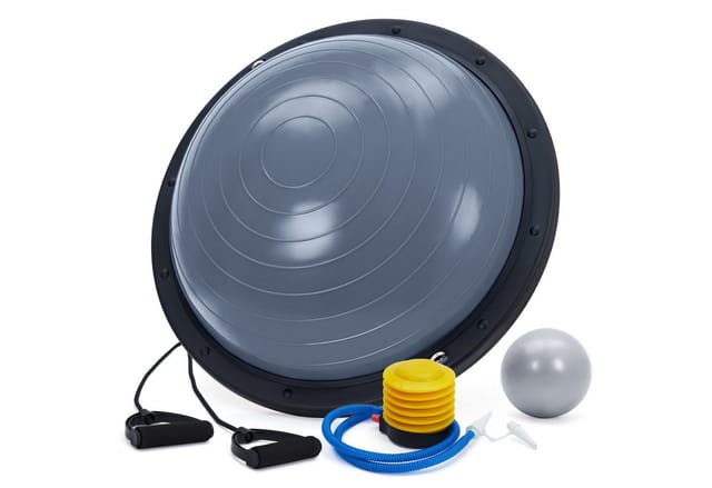 GarveeMore Half Ball Balanceboard, Balance Trainer Halbkugel Set Φ60×22cm, inkl. 2 Widerstandsbänder, Fußpumpe & Pilatesball (25 cm), Grau