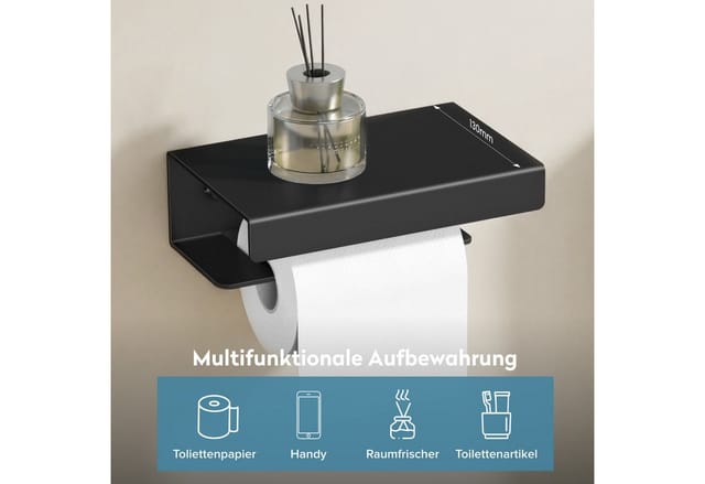 Doporro Toilettenpapierhalter Mit Ablage, Klopapierhalter Aus Aluminium Zur Wandmontage, Wc Papier Halterung Mit L-förmigen Haken, Klorollenhalter Für Badezimmer Sandschwarz Lino-05