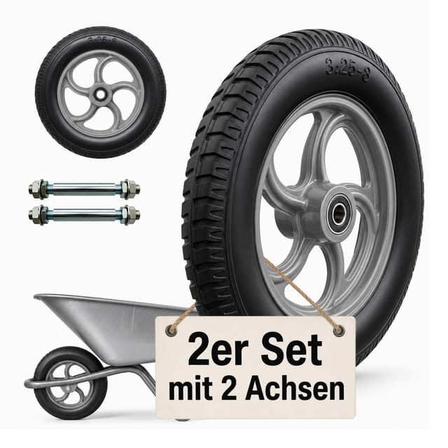 Relaxdays Sackkarrenrad 2er Set, 3.25-8, Vollgummi, Komplettrad Stahlfelge, Achse, Ersatzrad Schubkarre, Schwarz/grau