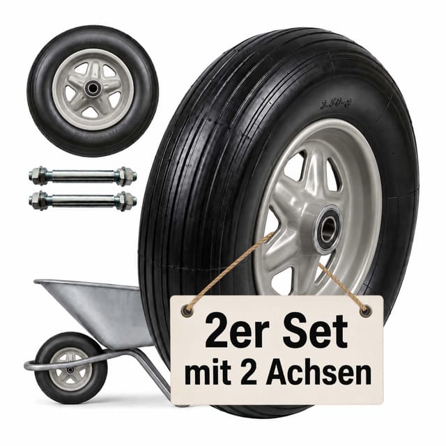 Relaxdays Sackkarrenrad 2er Set, 3.50-8, Vollgummi, Komplettrad Stahlfelge, Achse, Ersatzrad Schubkarre, Schwarz/grau