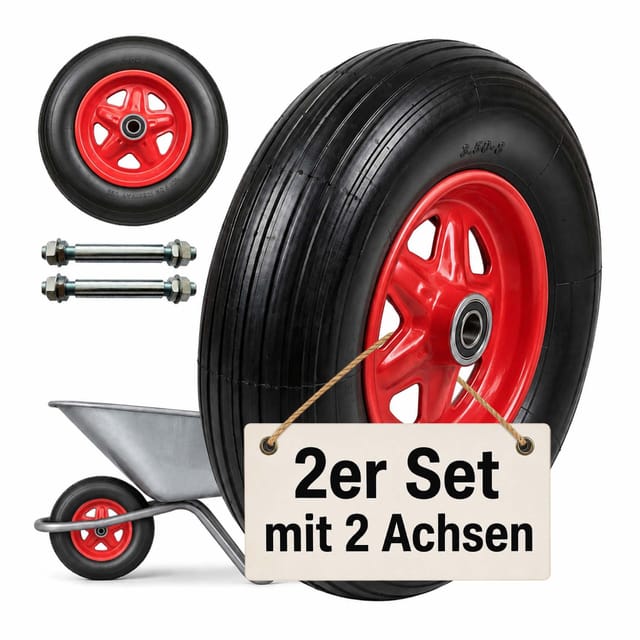 Relaxdays Sackkarrenrad 2er Set, 3.50-8, Vollgummi, Komplettrad Stahlfelge, Mit Achse, Ersatzrad Schubkarre, Schwarz/rot