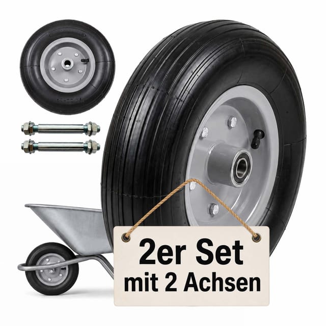 Relaxdays Sackkarrenrad 2er Set, 4.00-6, Vollgummi, Komplettrad Stahlfelge, Achse, Ersatzrad Schubkarre, Schwarz/grau