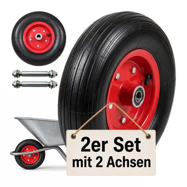 Relaxdays Sackkarrenrad 2er Set, 4.00-6, Vollgummi, Komplettrad Stahlfelge, Mit Achse, Ersatzrad Schubkarre, Schwarz/rot