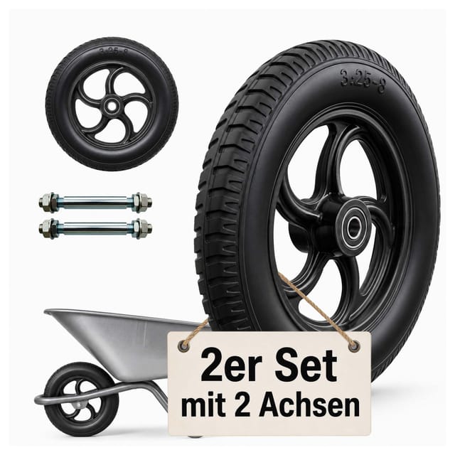 Relaxdays Sackkarrenrad 2er Set, 3.25-8, Vollgummi, Komplettrad Stahlfelge, Mit Achse, Ersatzrad Schubkarre, Schwarz