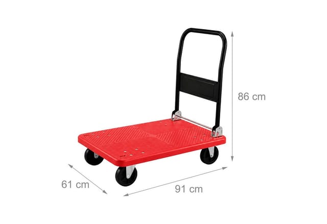 Relaxdays Transportwagen Bis 300 Kg, Klappbar, Plattformwagen, Griff, 2 Lenkrollen, Große Ladefläche, Handkarre, Rot