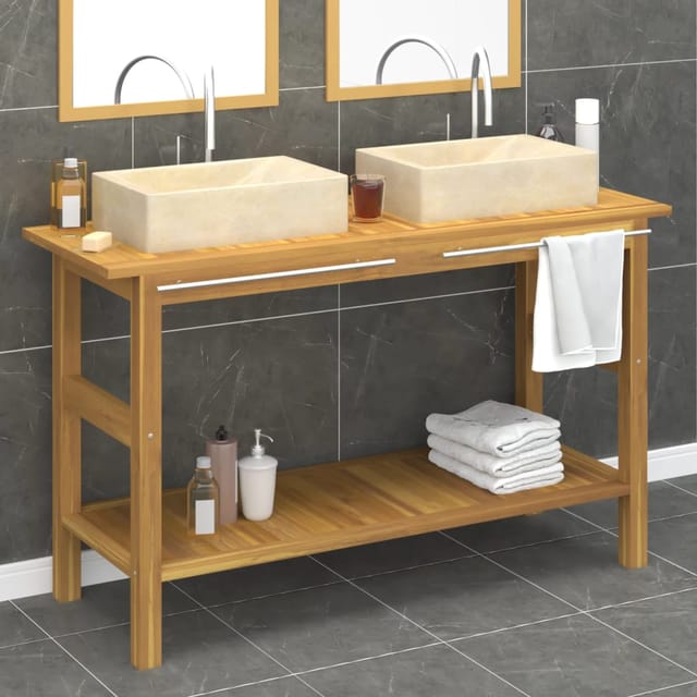 Waschschrank Und Waschbecken Aus Cremefarbenem Marmor Mit Massivem Teakholz