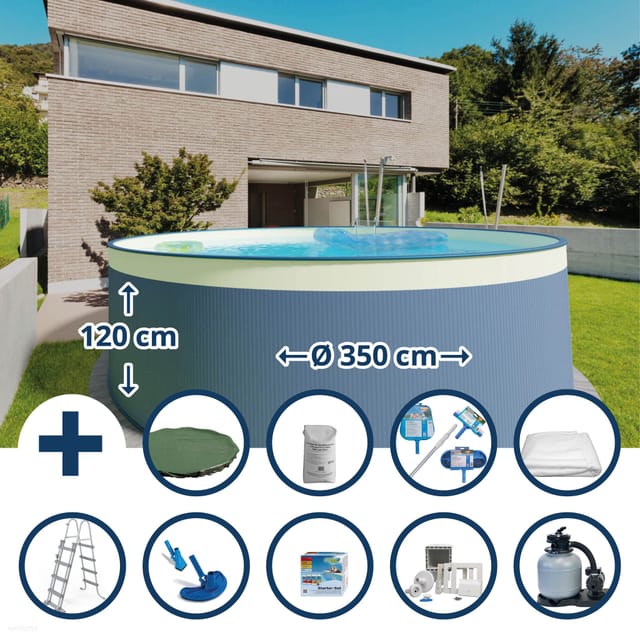 Stahlwandpool Set (10-teilig) Hoch Rund 350 X 120 Cm, Stahl 0,4 Mm Anthrazit Folie 0,3 Mm Sand
